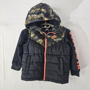 Nike Puffer Jacket Youth Small 4-5 Black Green Camouflage Kids Hoodie Vest Coat